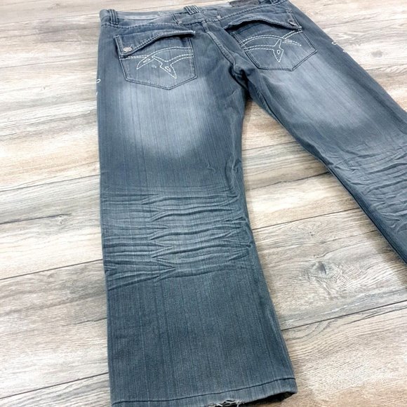 Chams Denim Jeans Men Women 36x28 Gray Distress Embriodered Casual Relaxed Wide - Picture 10 of 12
